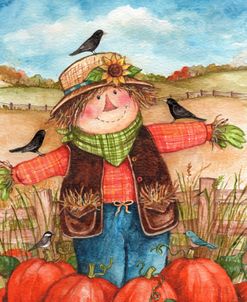 Fall Scarecrow in Pumpkin Patch with Birds