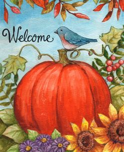 Welcome Bird and Pumpkin With Flowers