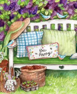 Bee Happy Bench In Lilacs and Birds