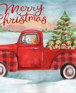Red Plaid Truck With Puppies Christmas