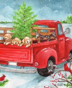 Red Truck Christmas Tree and Puppies Snowing