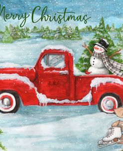 Red Truck With Snowman and Birds