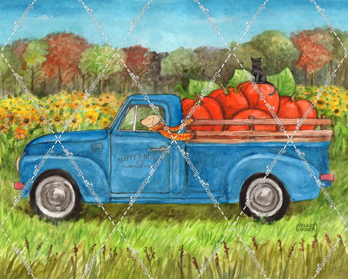Blue Truck With Pumpkins and Dog