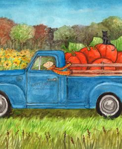 Blue Truck With Pumpkins and Dog