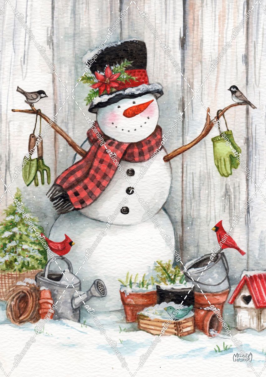 Gardening Snowman With Birds