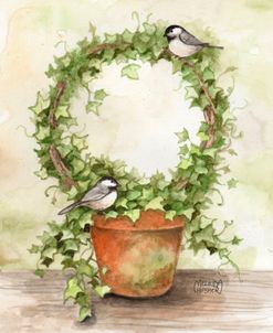 Chickadee And Round Potted Ivy