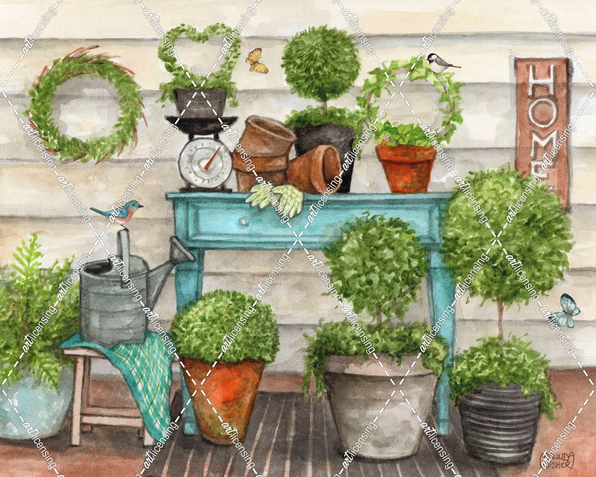 Potted Plants With Birds and Butterflies