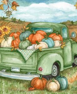 Green Truck With Pumpkins In Autumn Sunflower Field