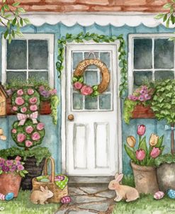 Blue Garden Shed Hello Spring Bunnies and Birds