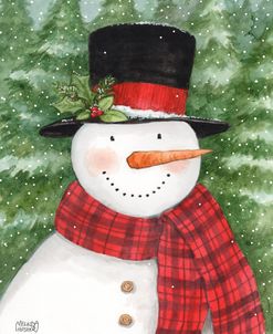 Snowman With Hat and Plaid Scarf In Winter Wonderland
