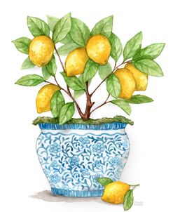 Lemon Tree In Blue With Trellis Pattern