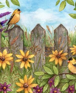Yellow Finches On Fence With Flowers