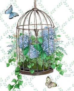 Bird Cage With Purple Hydrangeas and Butterflies
