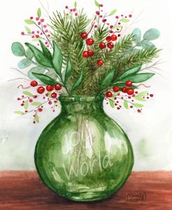 Joy to the World Christmas Green Glass Vase