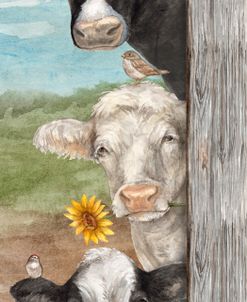 Cow Stack Peeking With Birds and Flowers