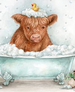 Highland Cow With Rubber Ducky In The Tub
