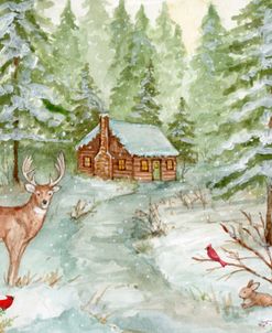 Winter Cabin With Deer In The Woods