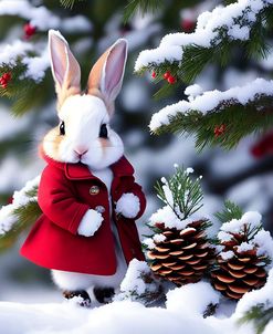 Snow Bunny Red Coat Pine Cones