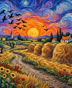 Crows Over The Golden Harvest Dusk