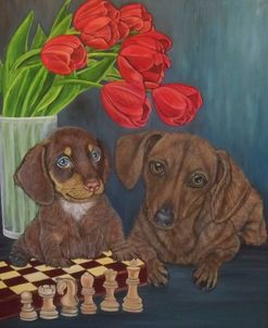 Puppies With Chess And Tulips