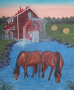 Farm Scene With Old Grist Mill And Horses
