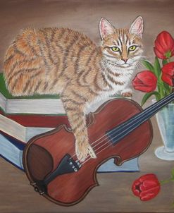 Ginger Cat With A Violin And Tulips