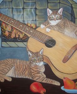 Ginger Cats With A Guitar By Fireplace