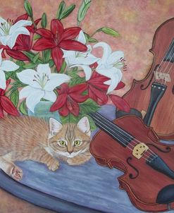 Ginger Kitten With Violins And Lilies