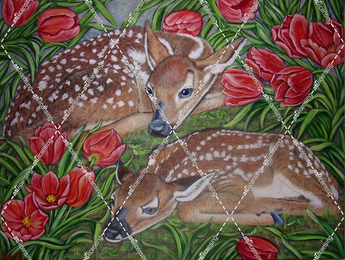 White-Tailed Deer Fawns Among Tulips