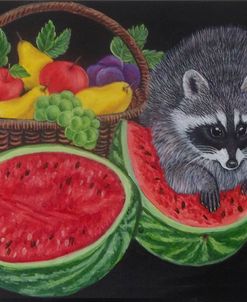 Raccoon with a watermelon and fruits