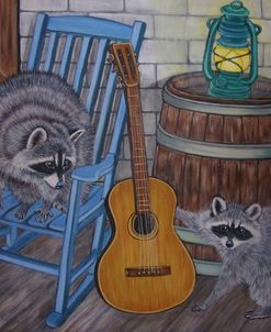 Three raccoon on a porch with a guitar and an old lantern