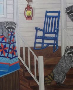 Three raccoon on a porch