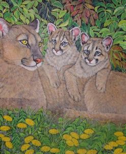 Mountain Lion With Her Cubs Among Dandelions
