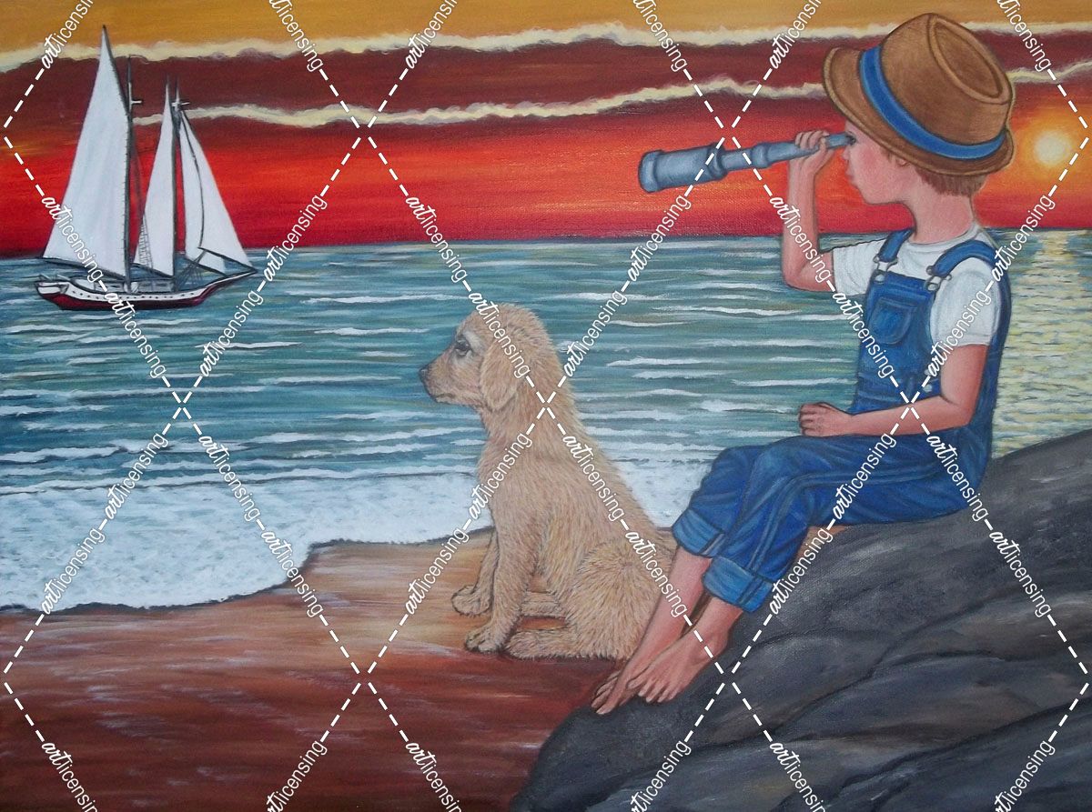 Bright Horizons, Boy With His Puppy By The Sea