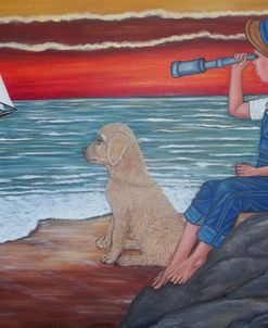 Bright Horizons, Boy With His Puppy By The Sea