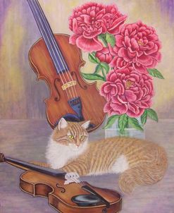 Ginger Cat With Two Violins And Peonies Flowers