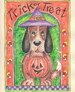 Trick or Treat Dog holding Pumpkin