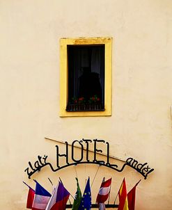 Hotel Window with Flags