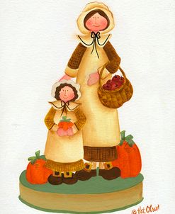 Pilgrims Mom And Daughter With Pumpkins