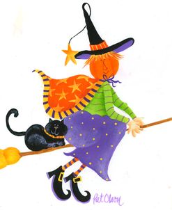 Witch On Broom With An Orange Cape