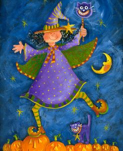 Witch With Purple Dress On 9 Pumpkins
