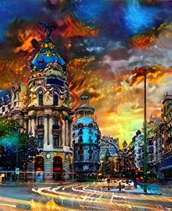 Spain Madrid Avenues Gran Vía And Alcalá At Sunset