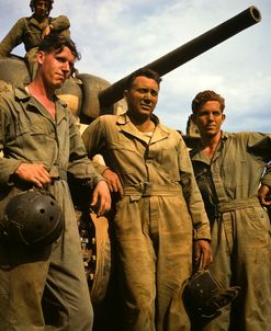 Tank Crew leaning on M-4 tank, Ft. Knox, Ky.