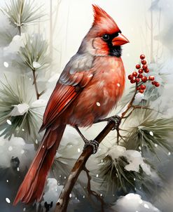 Winter Cardinal and Pine Boughs