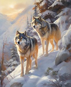 Wolves in Winter Mountain Sunrise