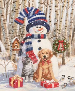 Kitten and Puppy with Snowman