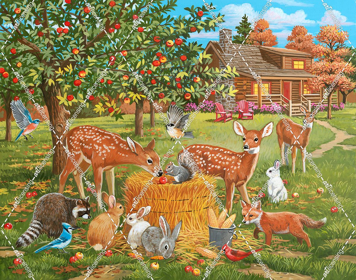 Fall Cabin Scene with Apple Trees and Forest Animals