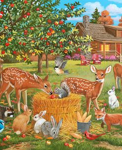 Fall Cabin Scene with Apple Trees and Forest Animals