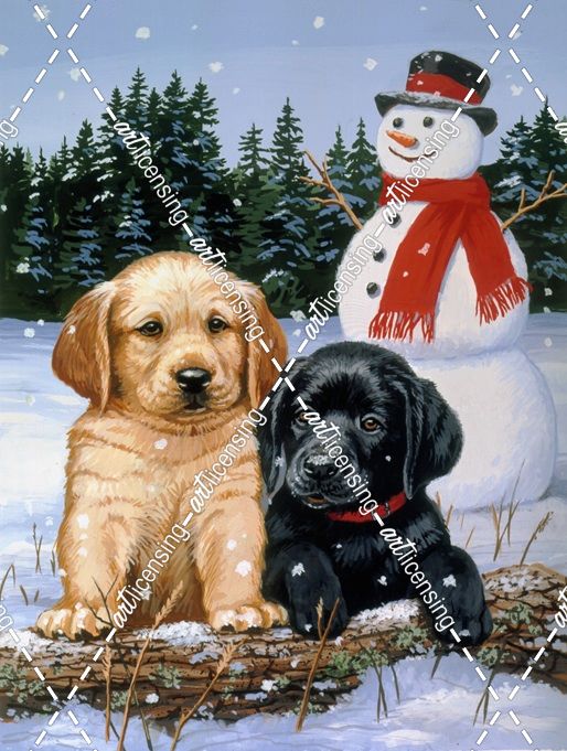 Lab Puppies With Snowman