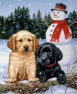 Lab Puppies With Snowman